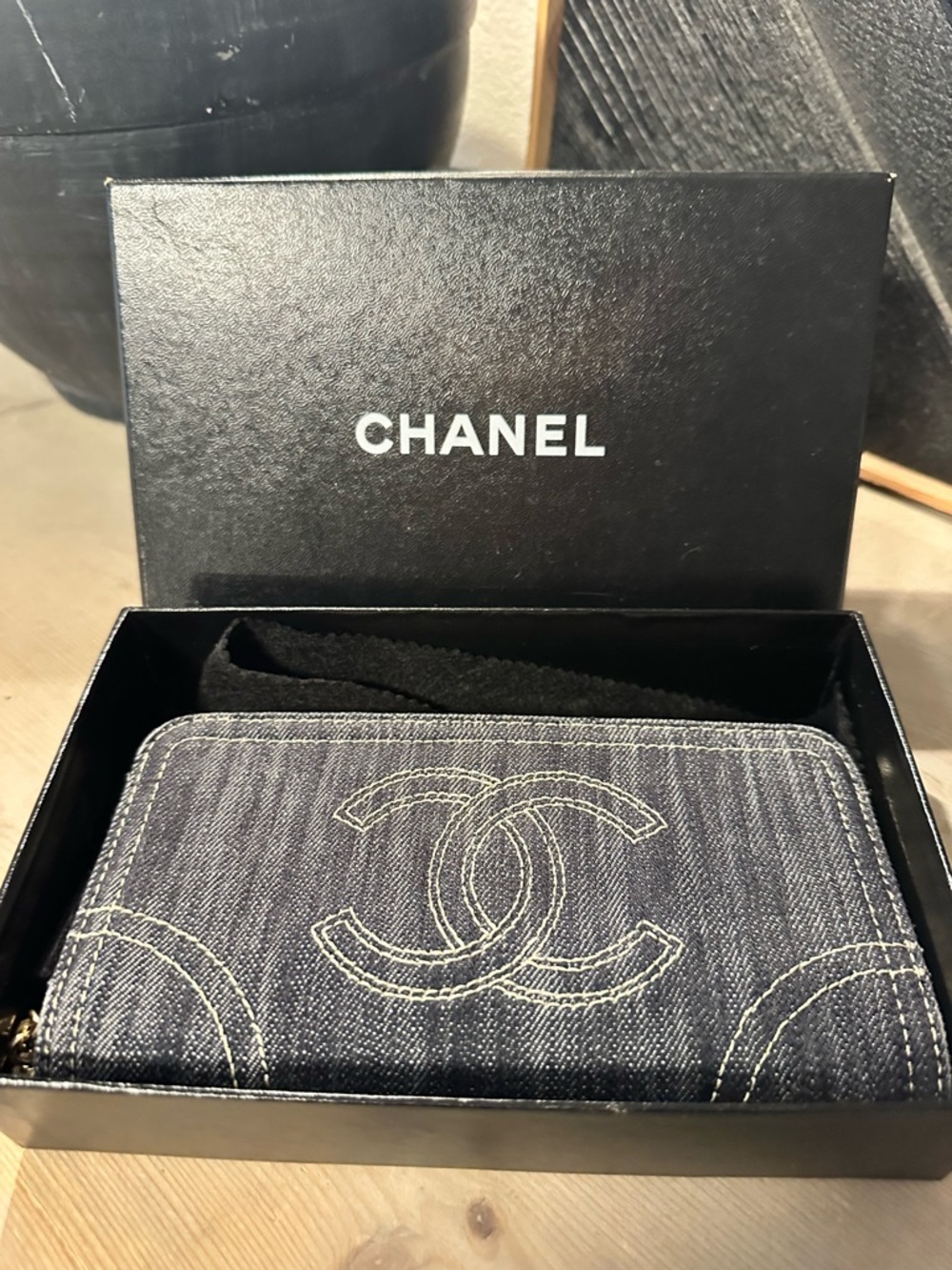 Chanel Denim Zip Wallet - Navy Blue with White Stitching